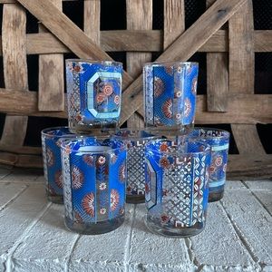 Mid Century Vintage Glassware Imari Inspired Pattern Set of 7 Rocks Glasses